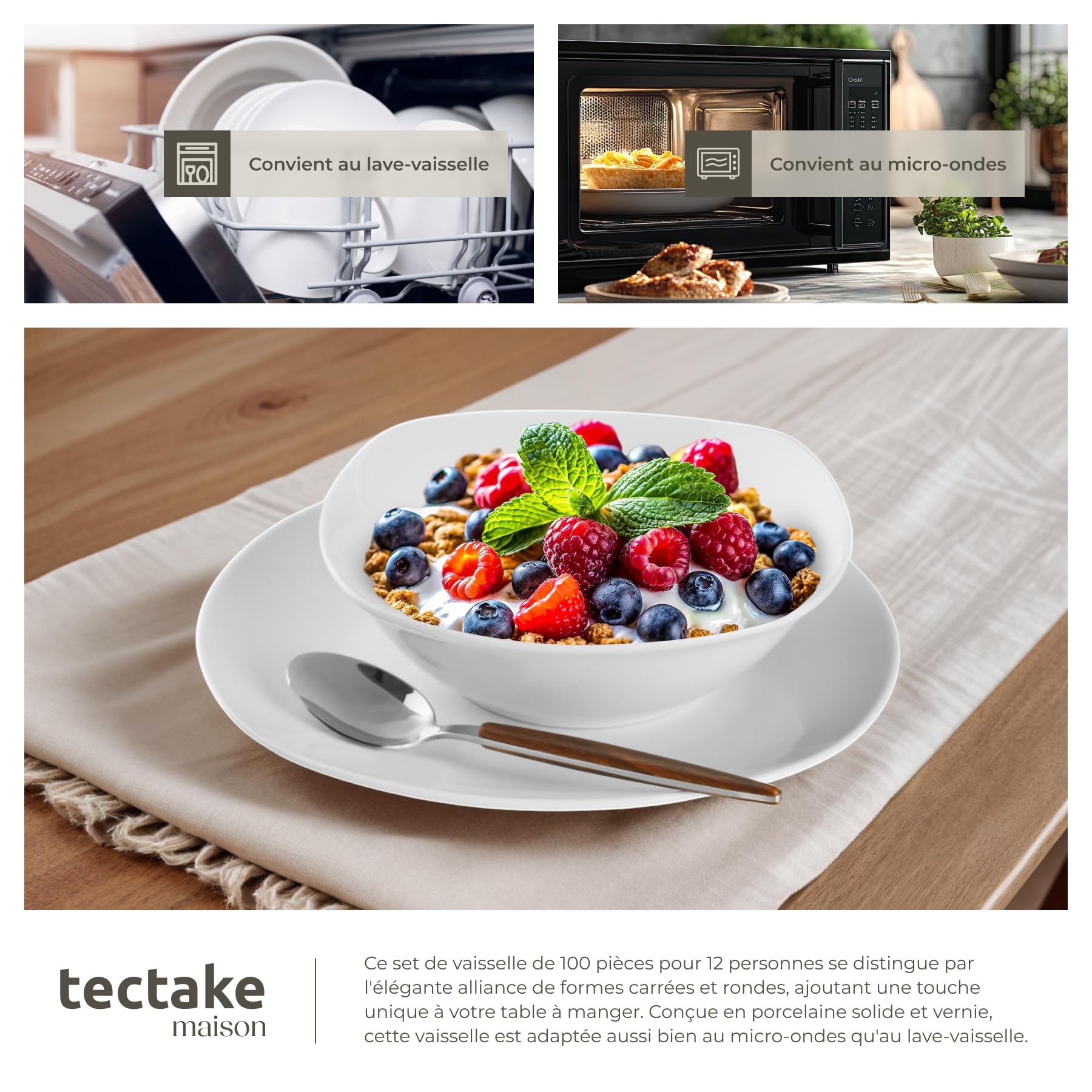 tectake® Service de table 12 personnes Vaisselle et arts de la table 100p. avec Assiettes creuses assiettes plates assiette à dessert coquetiers bols tasses saladier Coupelle soupe Lot assiette