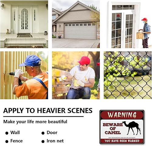 Miniatura 4 de BAIWIFE Letrero con texto en inglés Beware of Camel de 8 x 12 pulgadas, letreros de advertencia de metal para mascotas y ranchos, para el hogar,