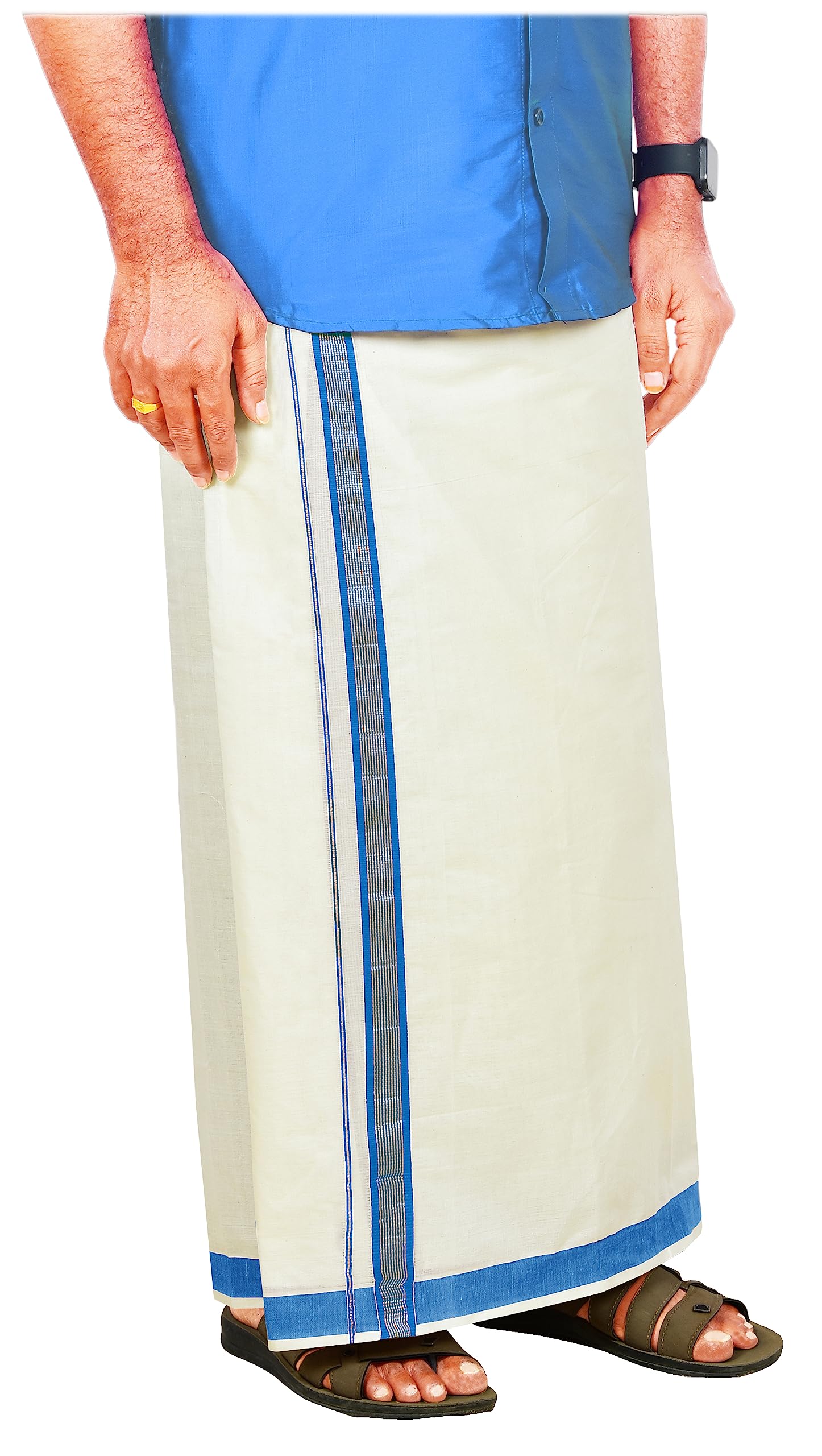 YETTALAN® Mens Gold Jari Line Border 100% Cotton Cream Dhoti 4.00 Meters Double Mundu/Vesti