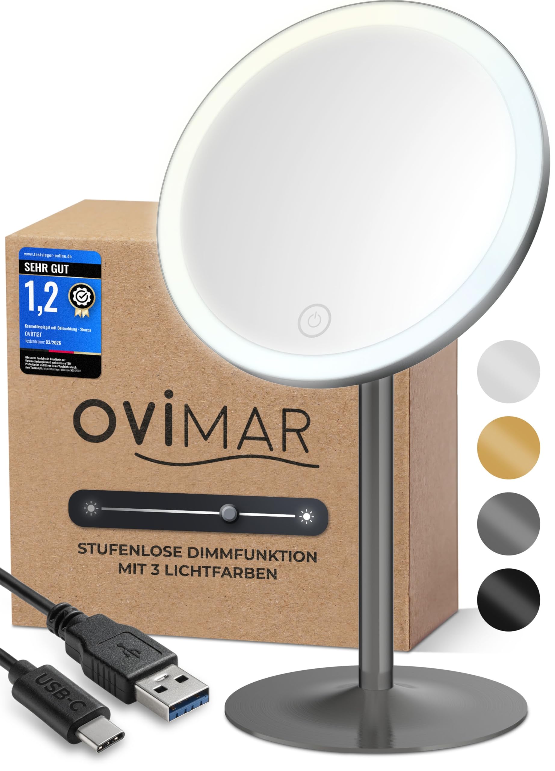 ovimar Larstind Gunmetal - Espejo de maquillaje con iluminación (recargable, independiente, para baño, 5 aumentos, espejo de 360 grados