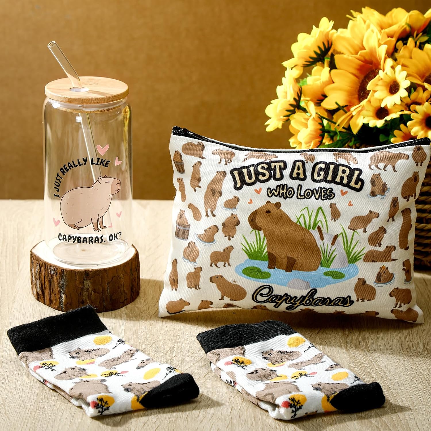 Layhit 3 Pcs Capybara Gifts for Women Thank You Gift 16 oz Coffee Glass Cosmetic Makeup Bag Cute Socks Valentine's Day Gift for Animal Capybara Lovers - Image 3