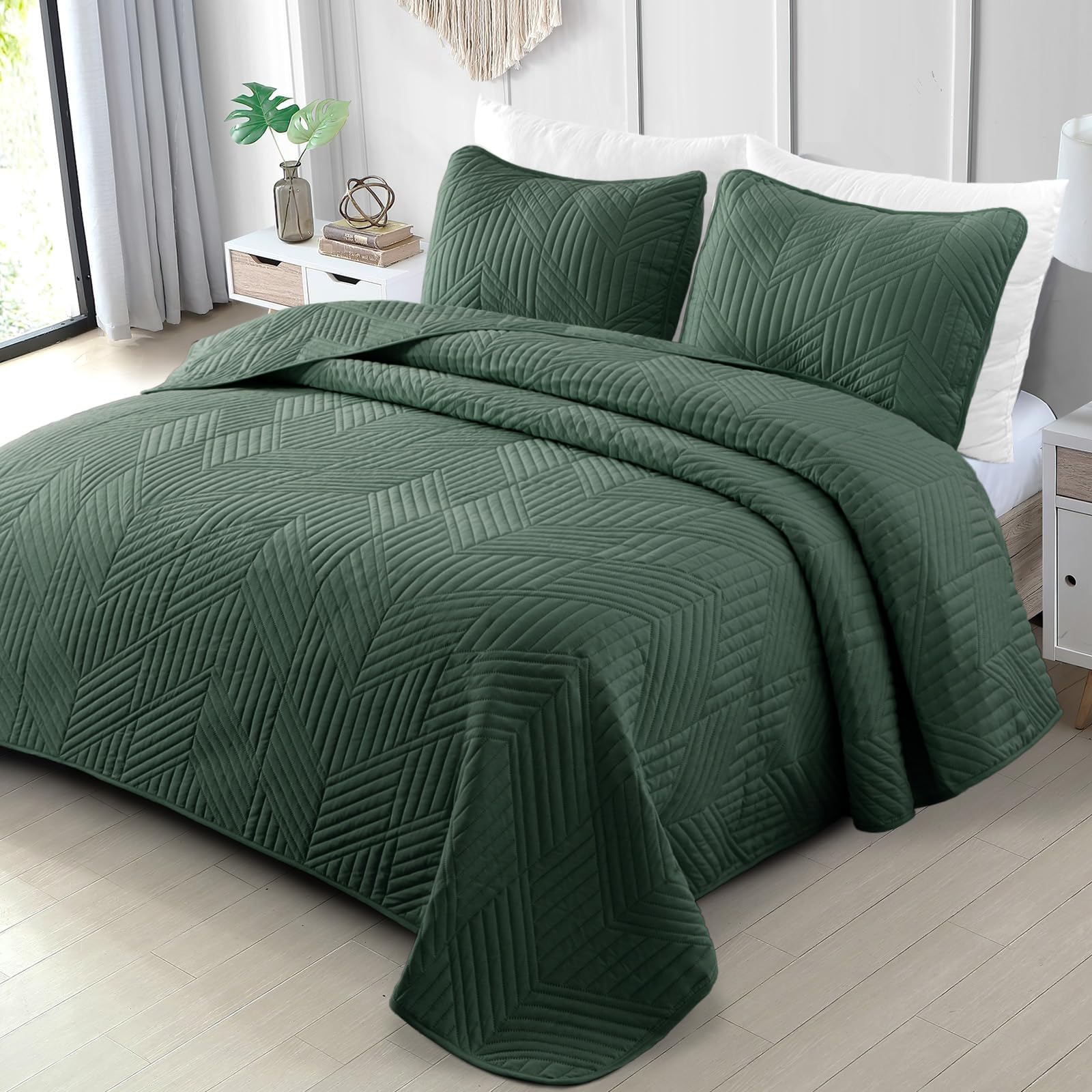 Exclusivo Mezcla Ultrasonic Twin Quilt Bedding Set, Lightweight Green Bedspreads Soft Modern Geometric Coverlet Set for All Seasons (1 Quilt and 1