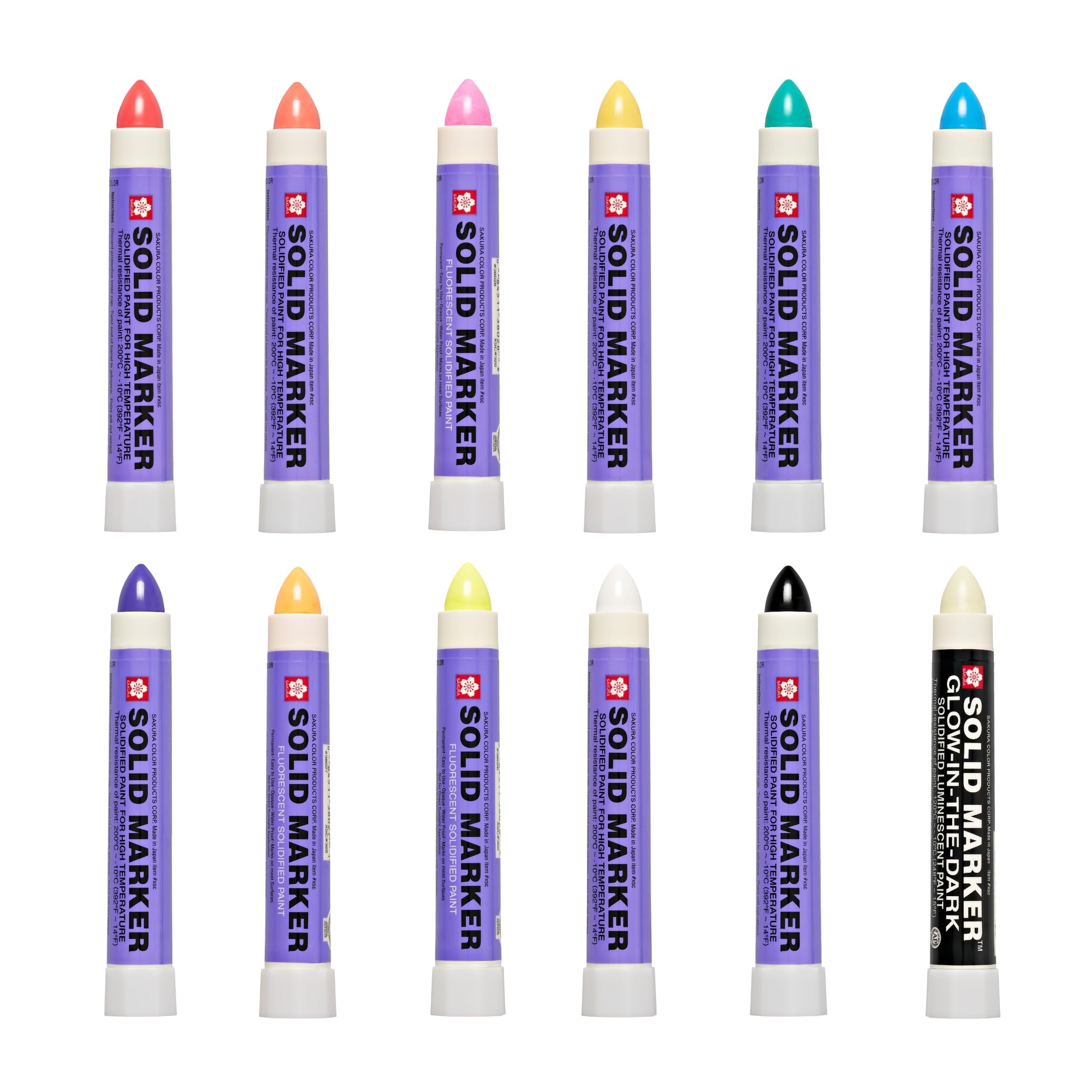 SAKURA Solid Paint Markers - 11 Permanent & 1 Glow-in-the-Dark Paint Marker Pens - For Window, Wood & Glass - Assorted Colors - 12 Pack