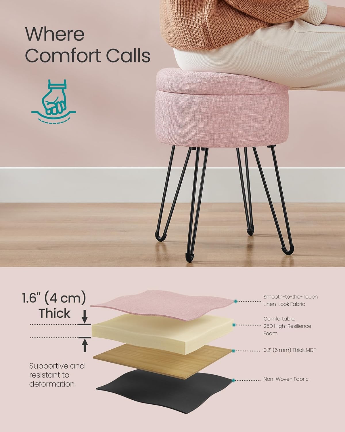 SONGMICS Vanity Stool Chair, Small Ottoman Stool with Storage, Vanity Chair, 15.4 Dia. x 17.4 Inches, 4 Metal Legs, for Makeup Room, for Living Room, Bedroom, Jelly Pink ULOM002R01 - Image 4
