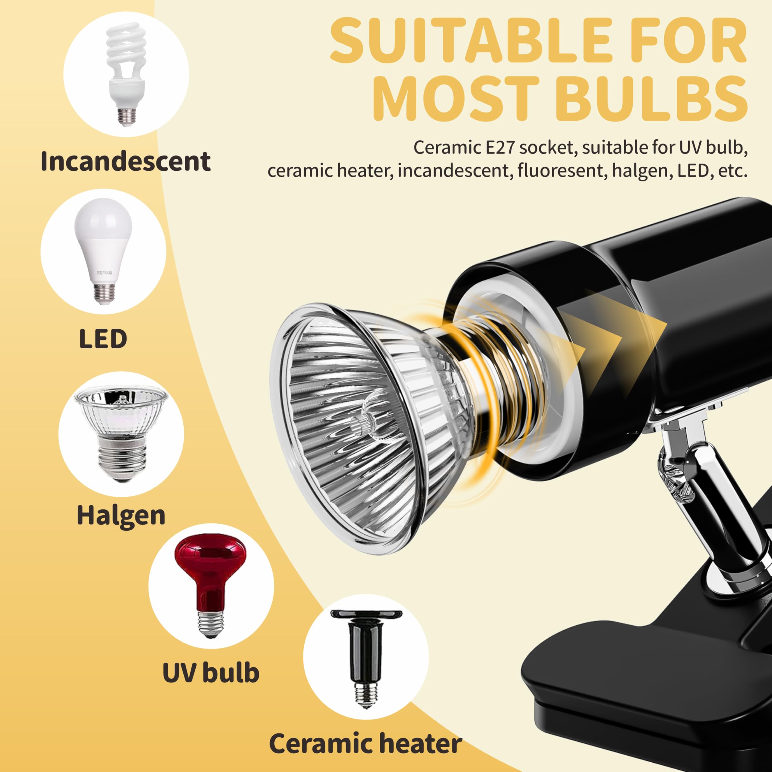 GOZILLA Reptile Heat Lamp, Turtle Lamp with 50W UVA/UVB Turtle Light Bulb, 360°Rotatable Clip Reptiles Basking Light for Amphibian and Reptile Tanks, Terrariums, Cages.(Black) — view 4
