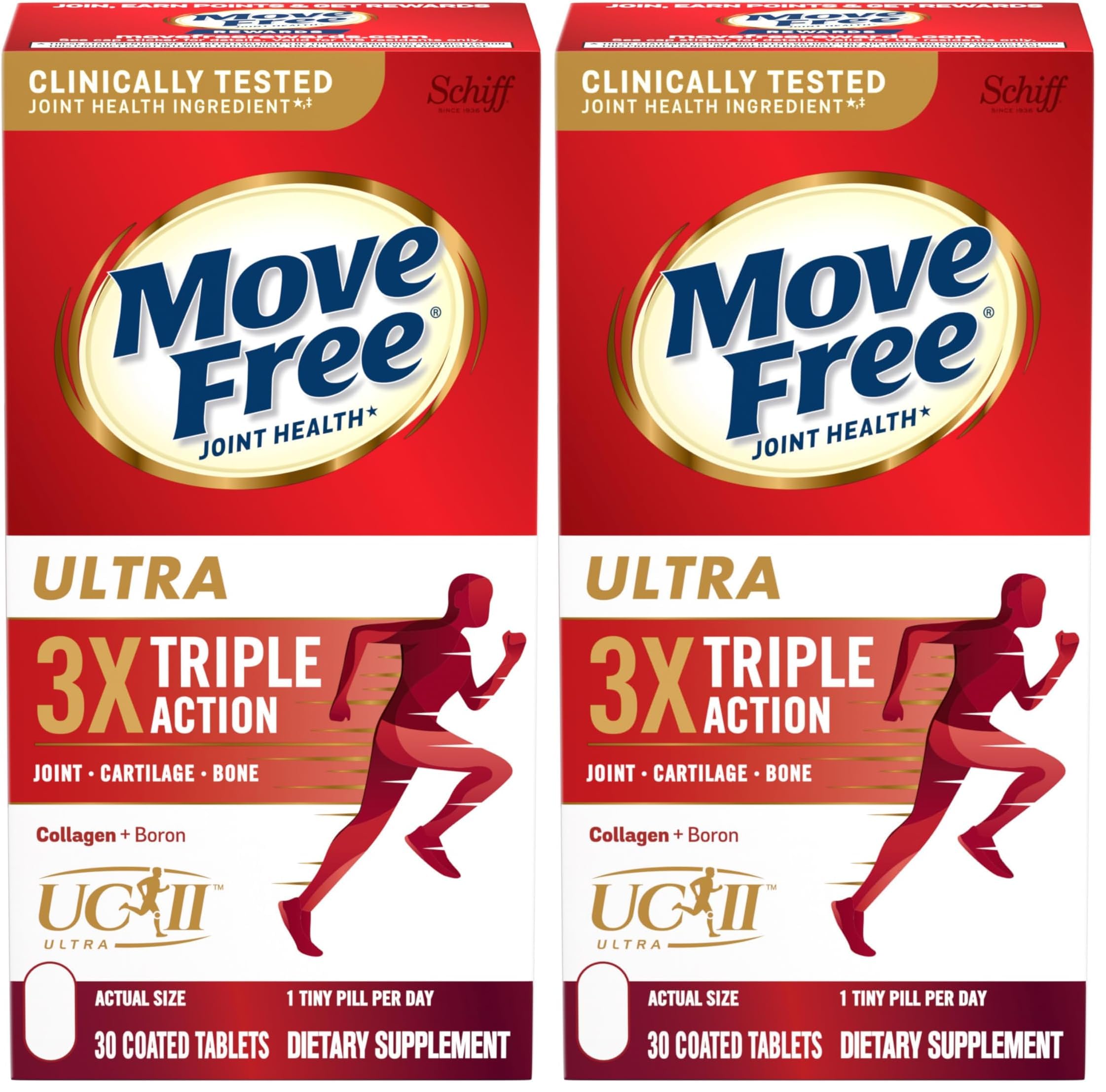Move Free Ultra Triple Action Joint Support Supplement - Type II Collagen Boron & Hyaluronic Acid - Supports Joint Comfort, Cartiliage & Bones in 1 Tiny Pill Per Day, 30 Tablets (30 Servings)*