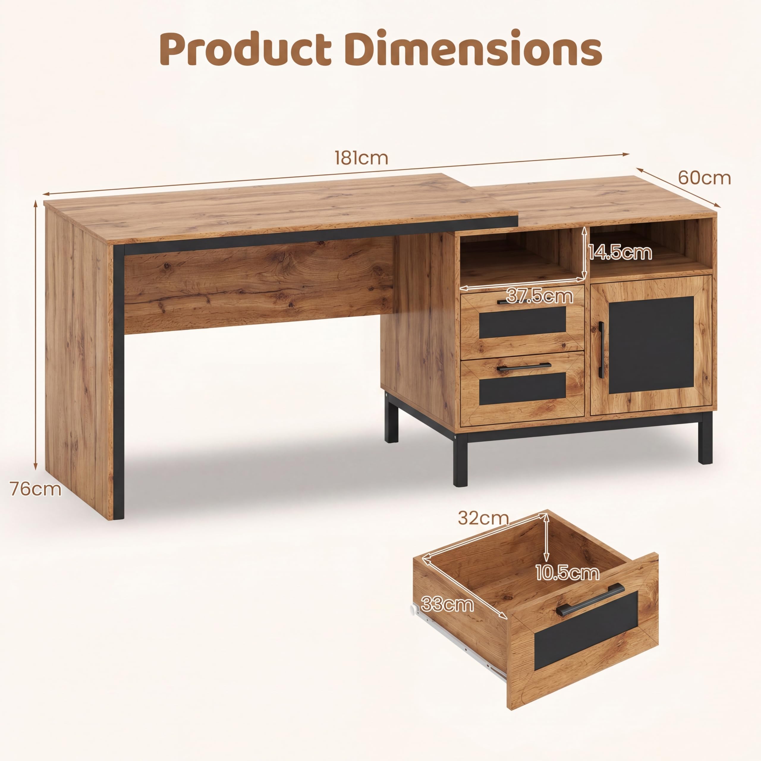 Giantex Escritorio de Ordenador con Cubos de Almacenamiento y Cajones | 2 Cajones, 2 Compartimentos Abiertos y Armario, Mesa de Oficina para Hogar, Estudio, 181 × 60 × 76 cm