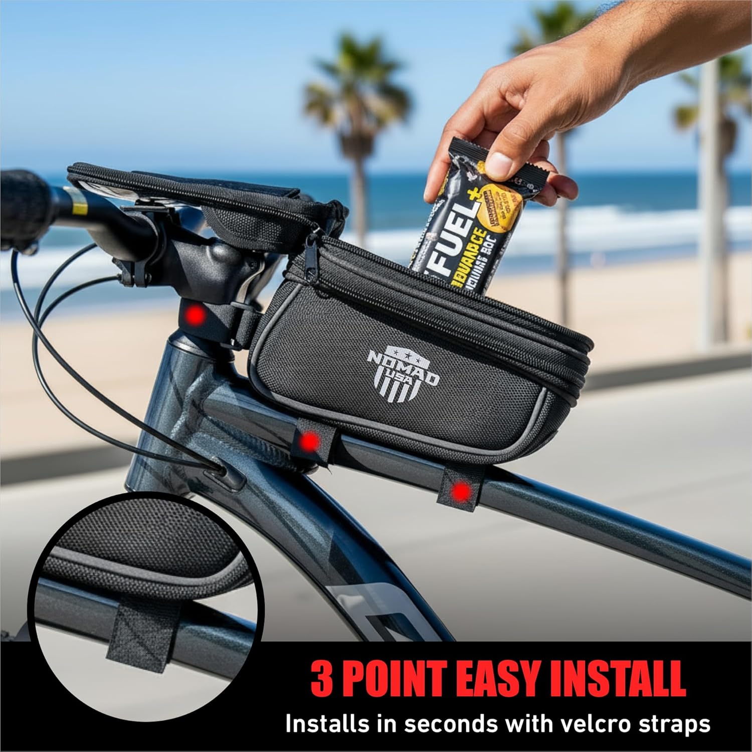 Nomad USA Bicycle Bag, Expandable Bike Tool Pouch Front Frame/Handlebar Bag, Touch Screen Waterproof Cycling Phone Fits All iPhones, Galaxy S25, Pixel Pro, Reflective Top Tube Bag for Bike Accessories