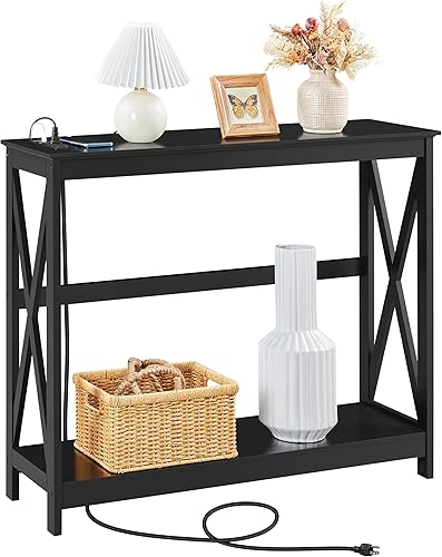 Yaheetech Mesa consola de 40 pulgadas con tomas de corriente y puertos USB mesa de entrada de madera con estación de carga y estante de