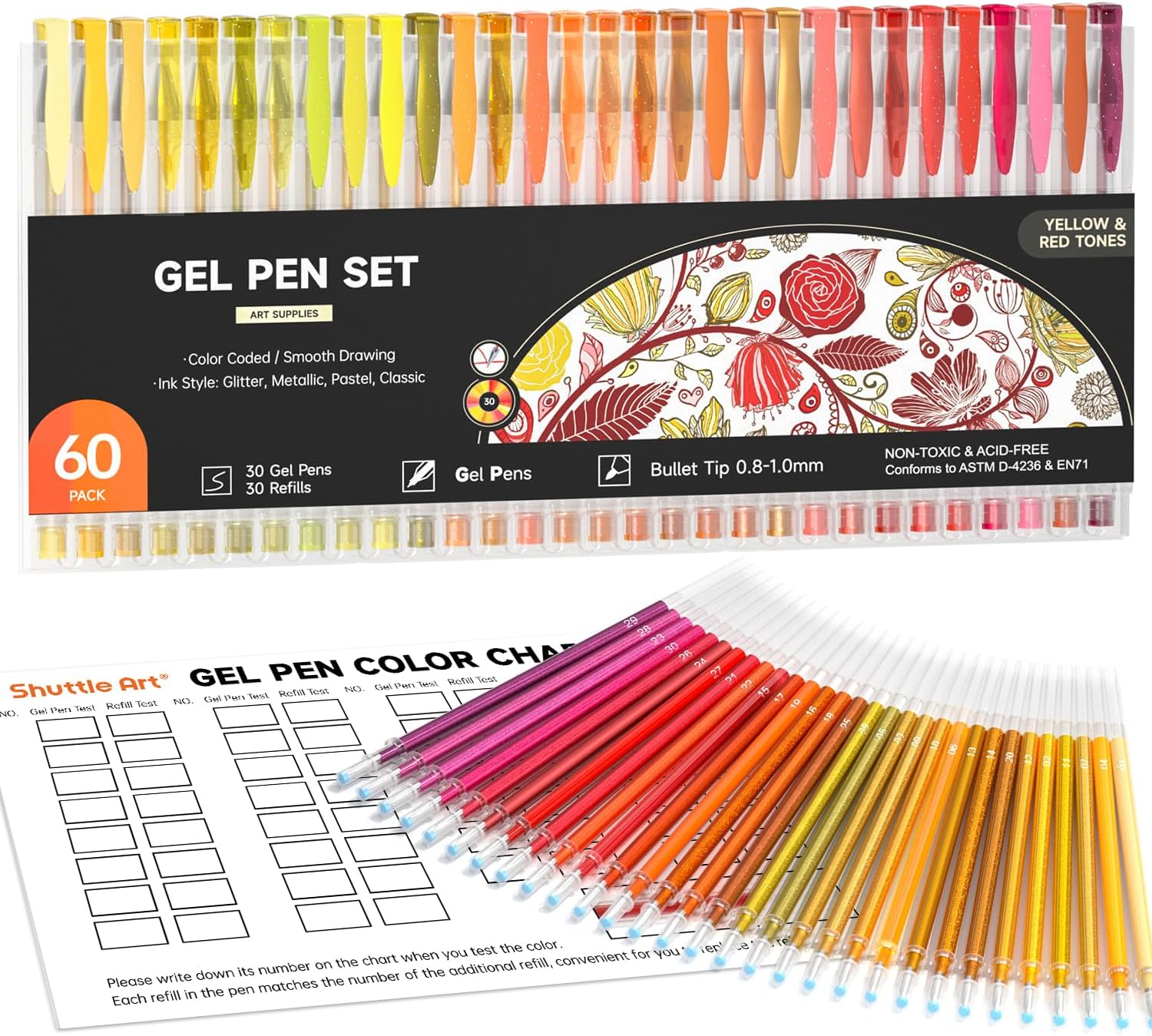 - Shuttle Art 60 Pack Red Yellow Tone Gel Pens, 30 Red Orange Yellow Gel Pens with 30 Refills for Adults Coloring Books Journaling Drawing Nature, Landscapes, Animals Scenes