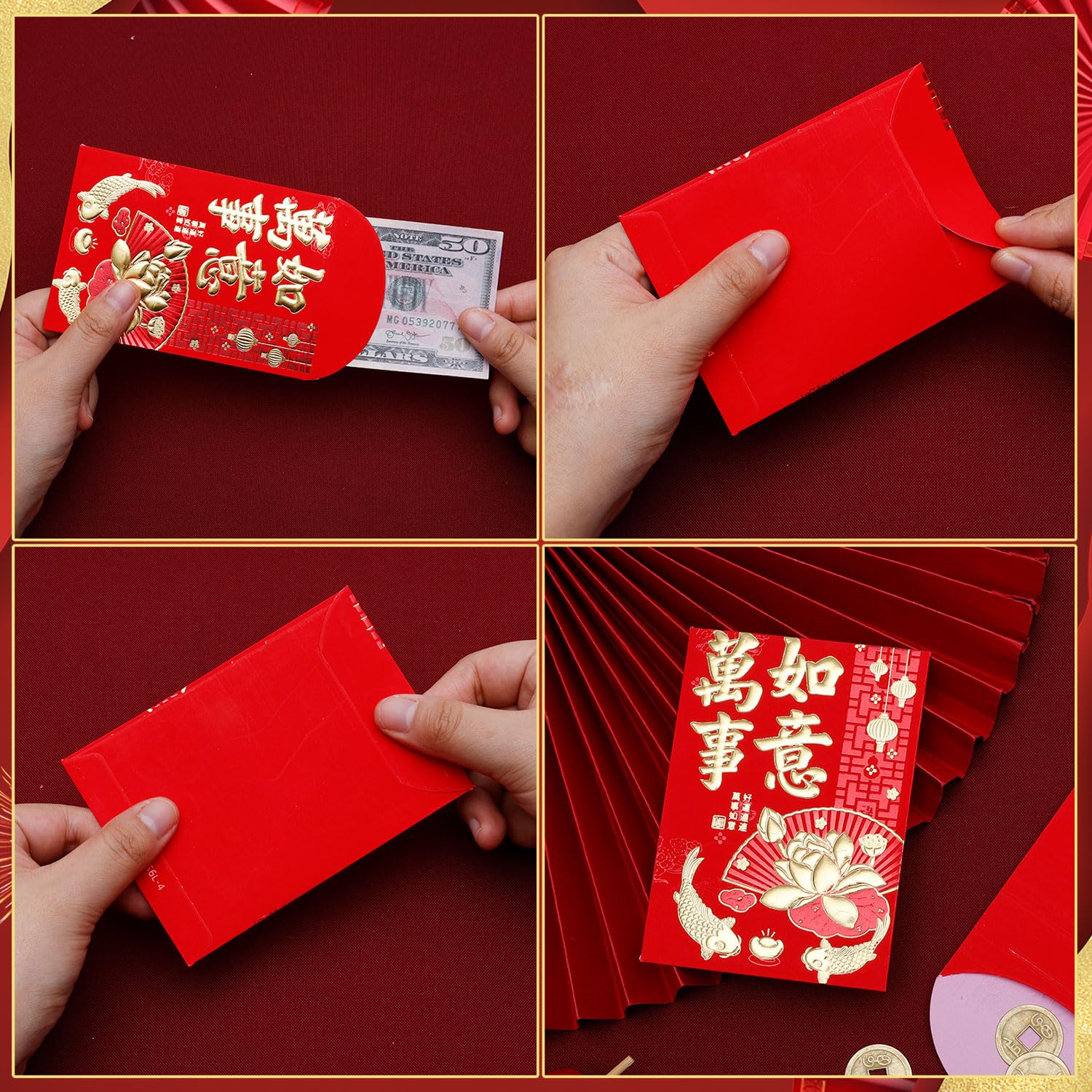 Hong Bao Enveloppes Rouges Nouvel An Chinois 11,5x8cm 36pcs Monnaie Cuivre 50pcs Feng Shui