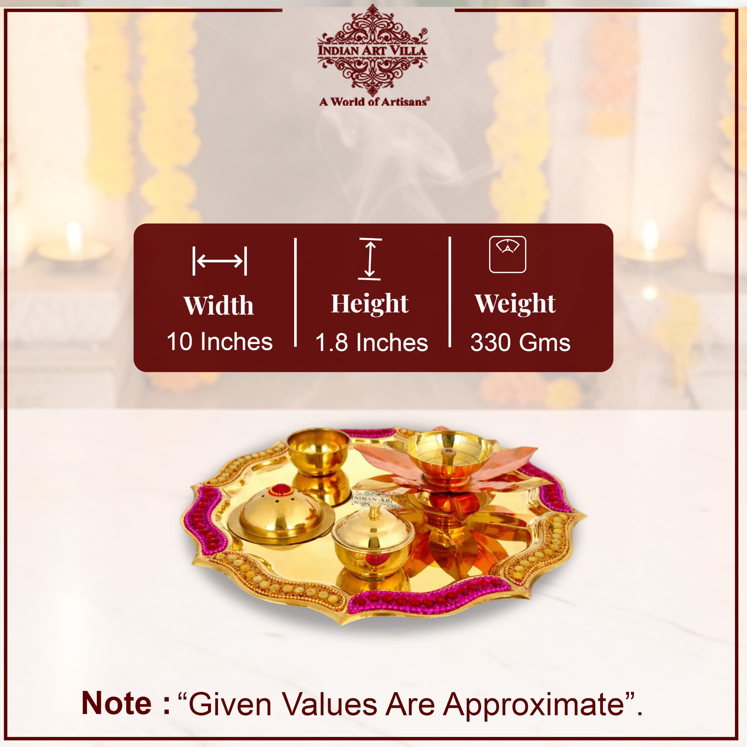 INDIAN ART VILLA Brass Red Beaded Design Pooja Thali, Aarti thali for Home/Temple, Spiritual Gift Item (Golden, 10 Inches) - Pack of 1 3
