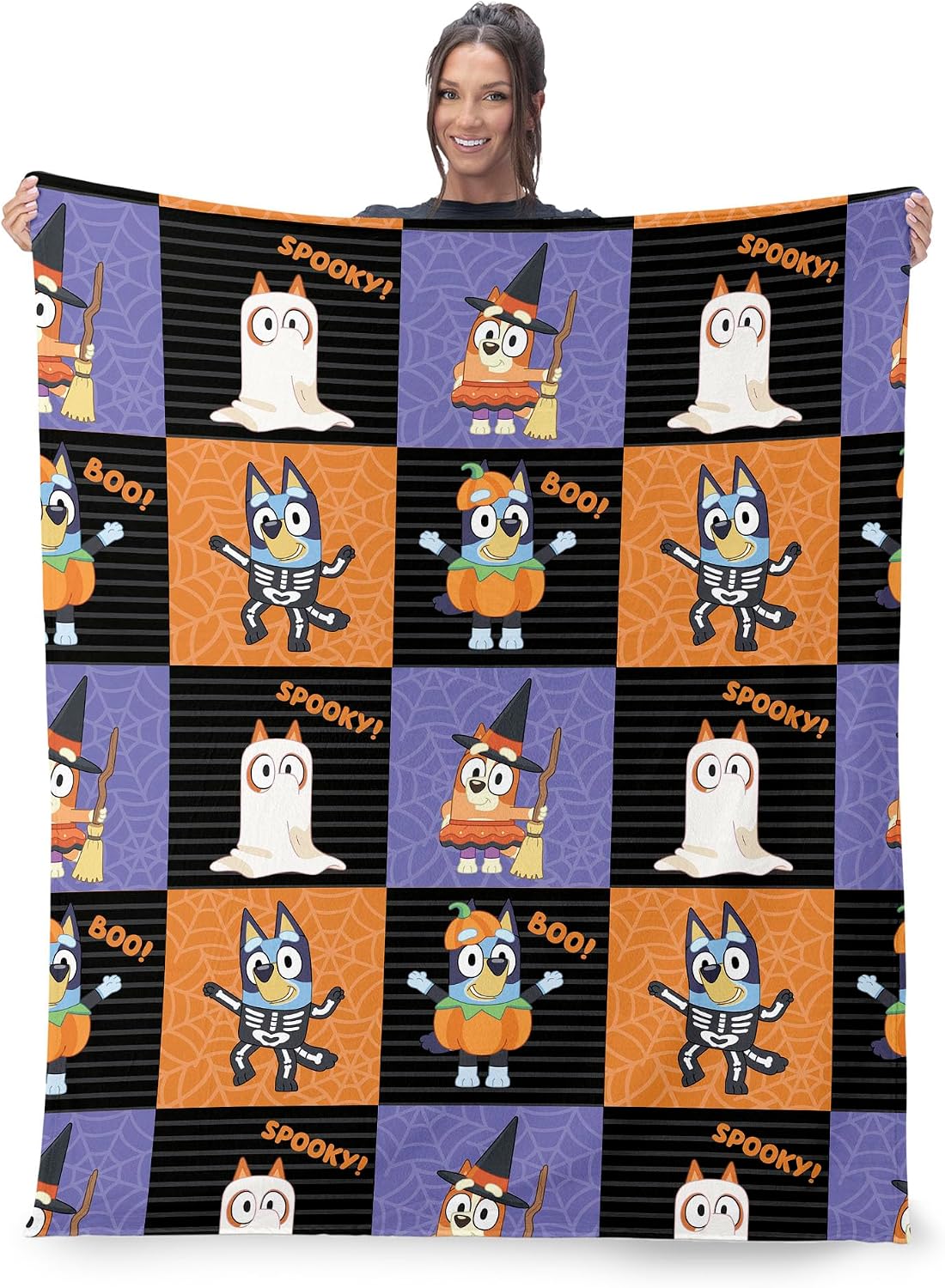 Bluey Halloween Squares Silk Touch Throw Blanket for Bed and Couch, Cozy, Soft & Lightweight, Spooky Blankets, 50x70 inches