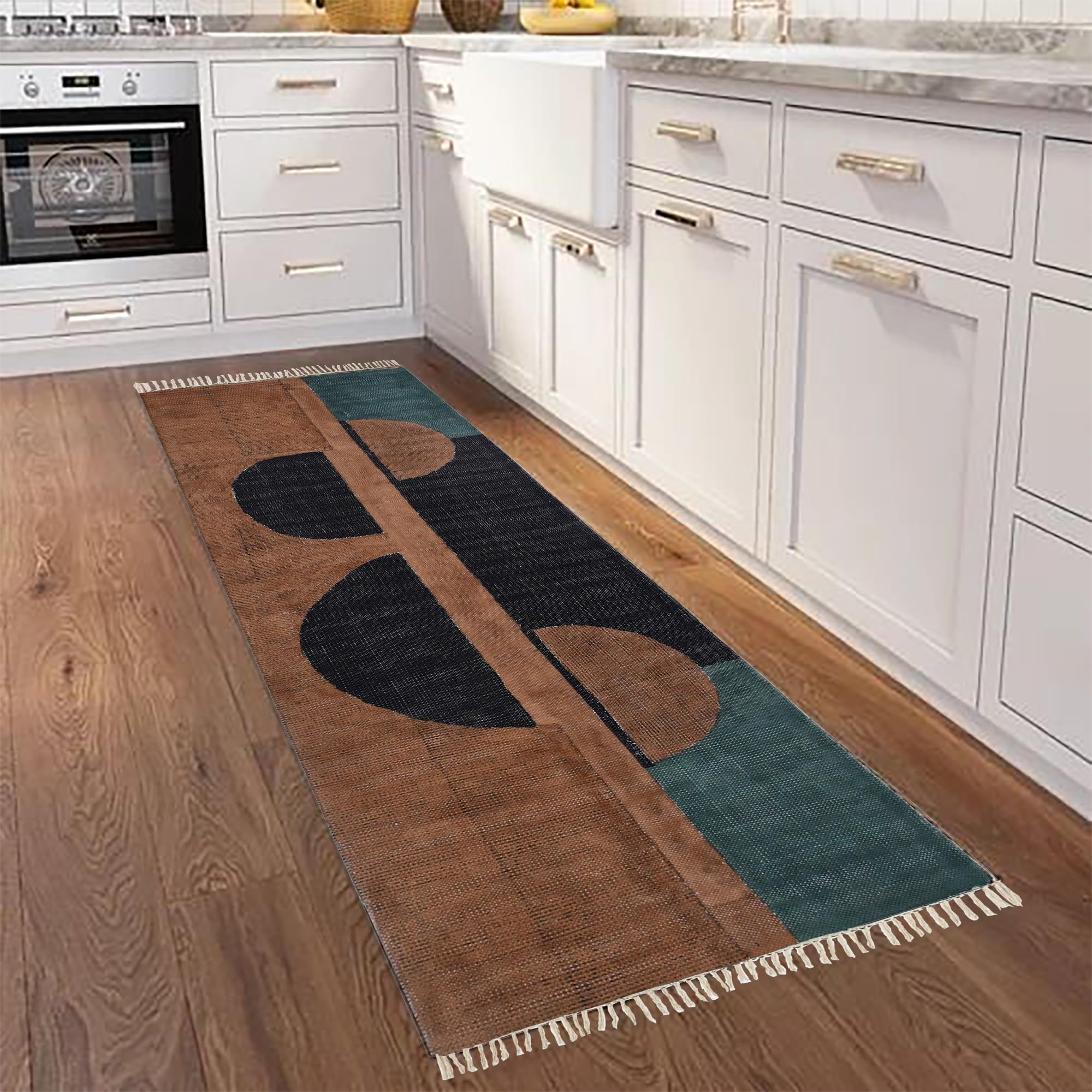 Area Rug Collection Baumwoll-Läufer, 122 x 30 cm, Schwarz und Braun, Halbmond-Designer-Baumwoll-Teppich für Schlafzimmer, Eingang, Haustür, Läufer für Bauernhaus, Küche, Waschküche