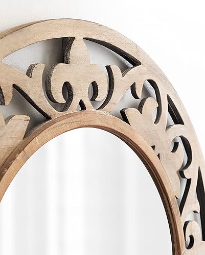 Miniatura 5 de Kate and Laurel Shovali - Espejo de pared redondo rústico de 32 pulgadas de diámetro madera natural clara espejo circular enmarcado tallado en