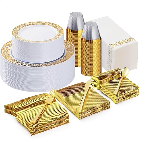 350PCS Gold Plastic Dinnerware Set for 50 Guests, Disposable Plates for Party, Wedding and Dinner, Include 50 Dinner Plates, 50 Dessert Plates, 50 Set Silverware, 50 Cups, 50 Napkins