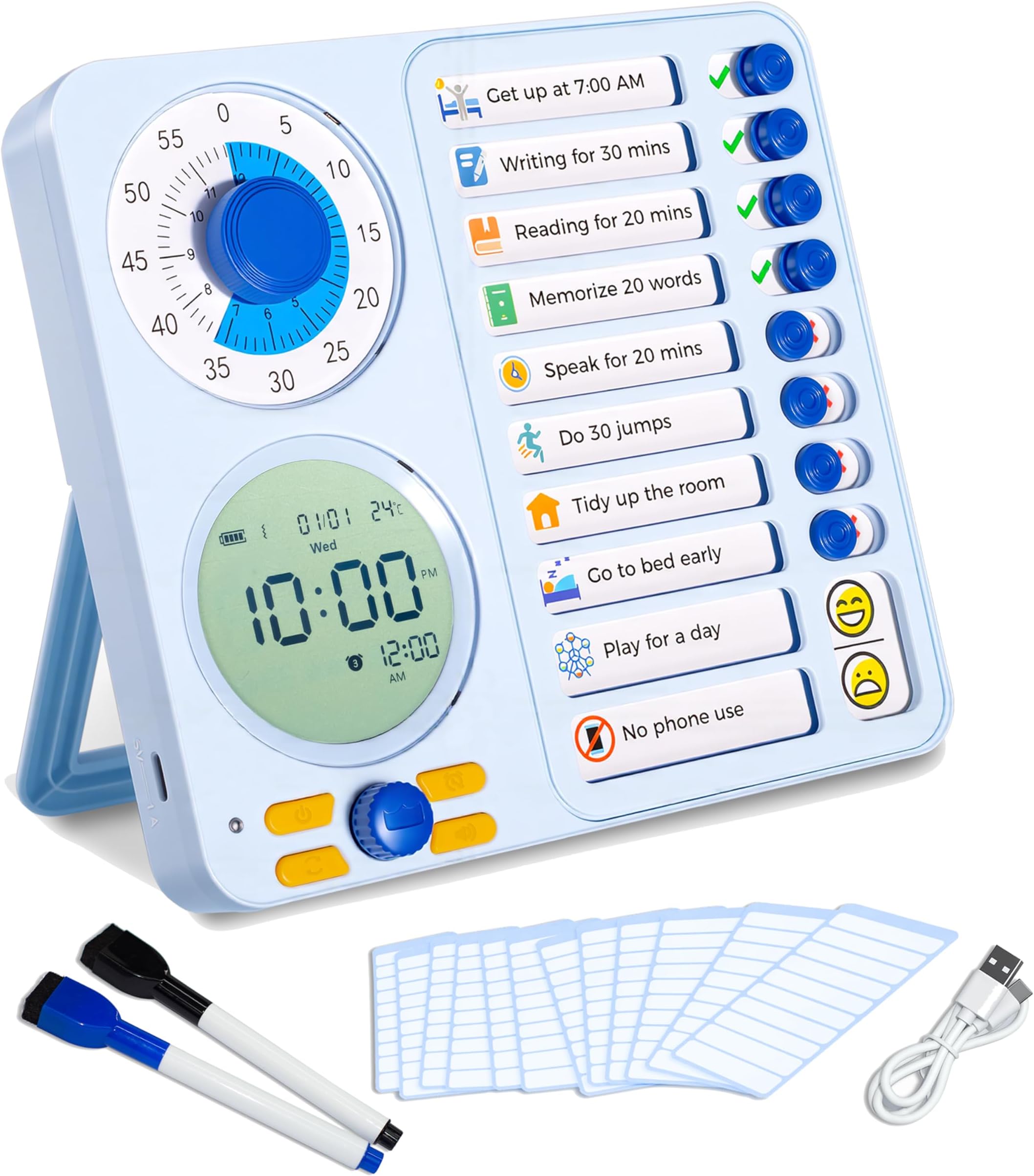 3-in-1 Visual Timer & Chore Chart for Kids, Task Timer & Digital Planner ADHD Tools for Kids, Silent Timer with to Do List Planning Board for School Classroom, Home, Desk, Office, Kitchen
