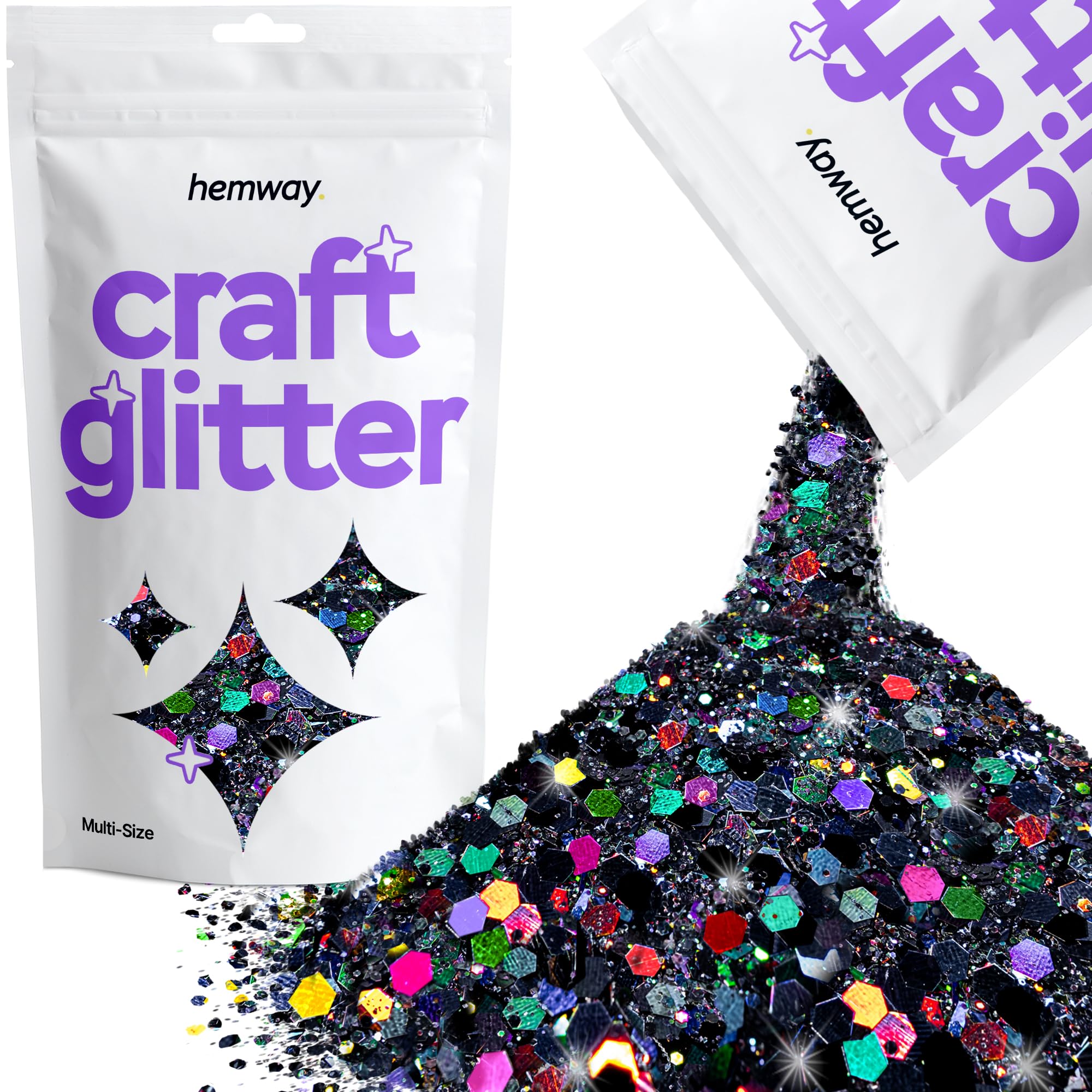 Hemway Craft Glitter Black Holographic 100g Multi Size Glitter for Crafts Resin, Cosmetic, Nail, Face, Body, Festival
