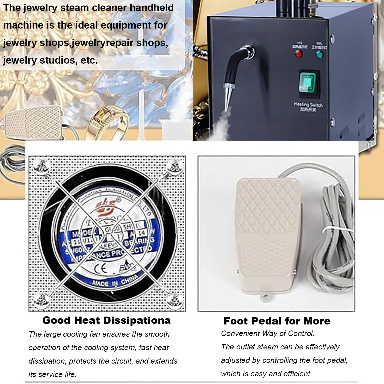 Pulitore a vapore for gioielli, macchina for la pulizia a vapore di gioielli in acciaio inossidabile da 1500 W, becher, imbuto, pinzette e ugello a vapore rimovibile for la pulizia di argento