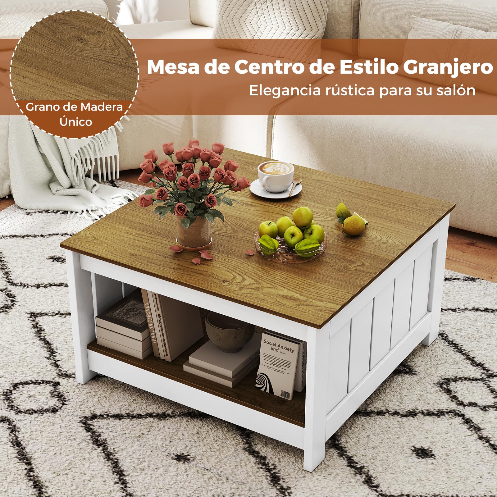 COSTWAY Mesa de Centro, Mesa de Cóctel Cuadrada con Estante de Almacenamiento, Mesita Rústica de Granja, Mueble de Salon, 80 x 80 x 45 cm