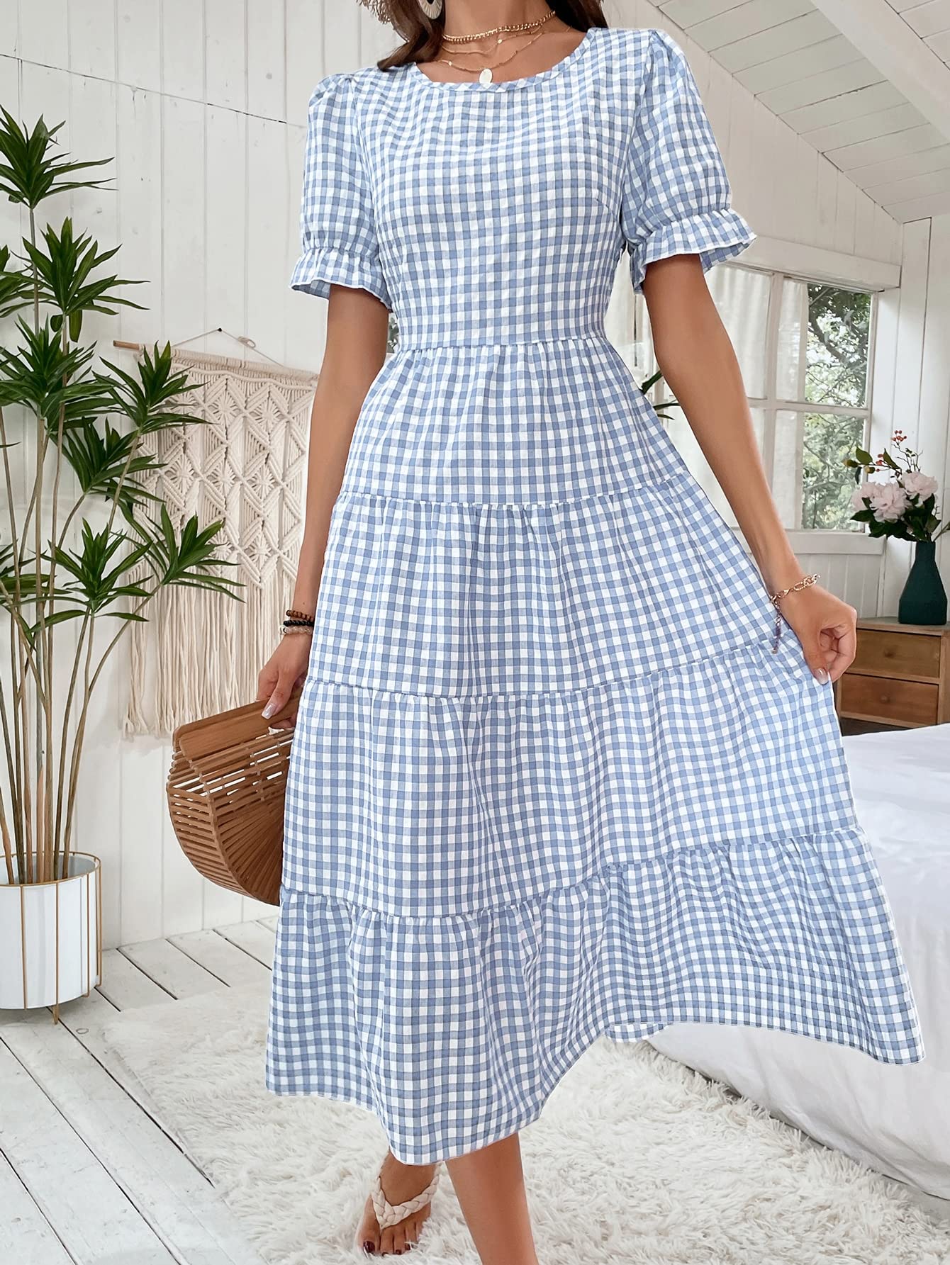 Amazon.com: Women's Dresses Gingham Puff Sleeve Ruffle Hem