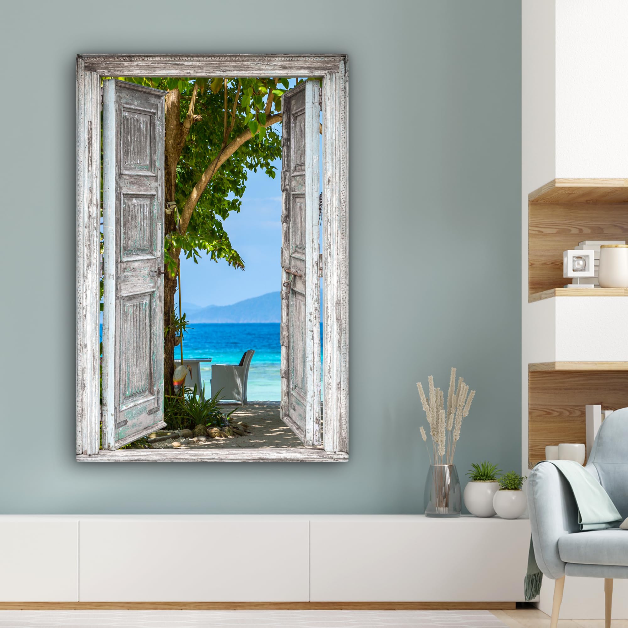 MuchoWow© Laminas Cuadros de Salon para Dormitorio 80x120 cm Lienzos Decoración Pared Cuadro Habitacion Decoracion Playa - Tropical - Mar - Vista desde la ventana