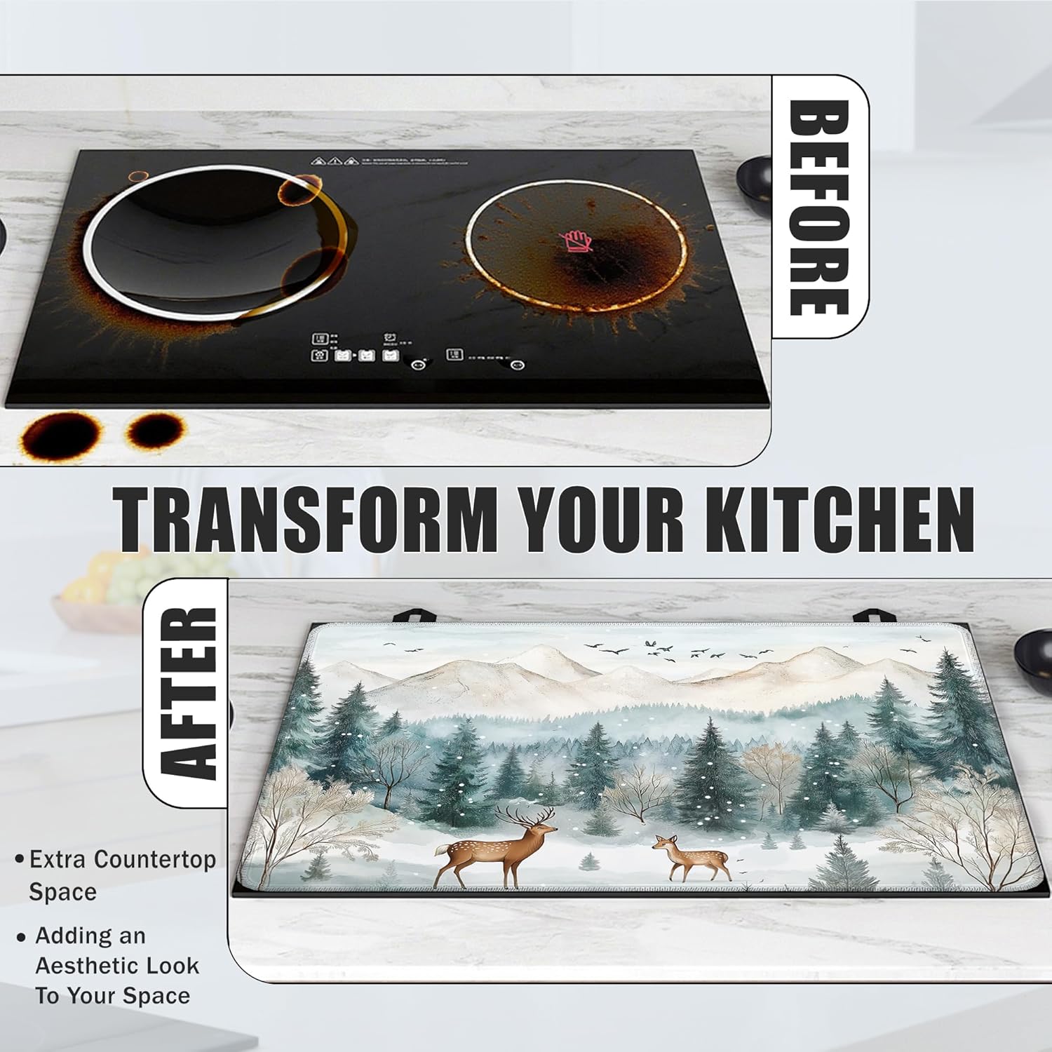 Winter Forest Stove Top Covers for Electric Stove,Cute Deer Glass Top Stove Cover, Heat Resistant Range Covers for Electric Stove,Washable Countertop Mat, 28 x 20 Inch