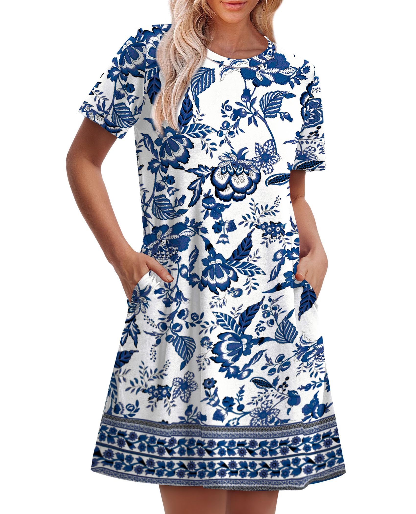 OFEEFAN Summer Dresses for Women 2025 Short Sleeve Casual T Shirt Dress Crewneck Sundresses Beach Vacation Coverup Pockets