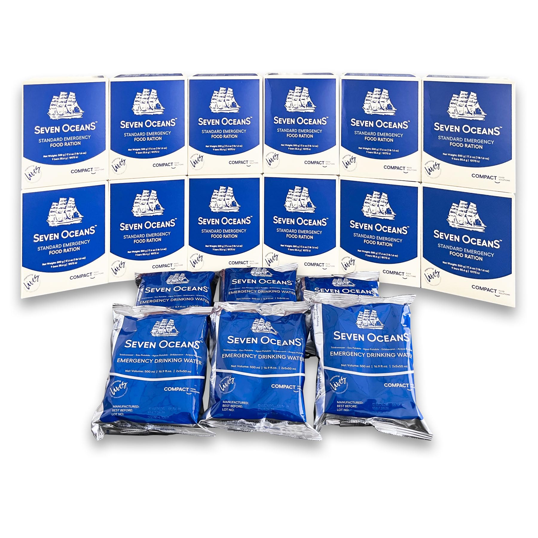 Überlebenspaket 12x Seven Oceans Notfallnahrung 500g + 6x Seven Oceans Wasser 500ml - 5,5 Jahre haltbar – Notration Emergency Food für Blackout & Krisen