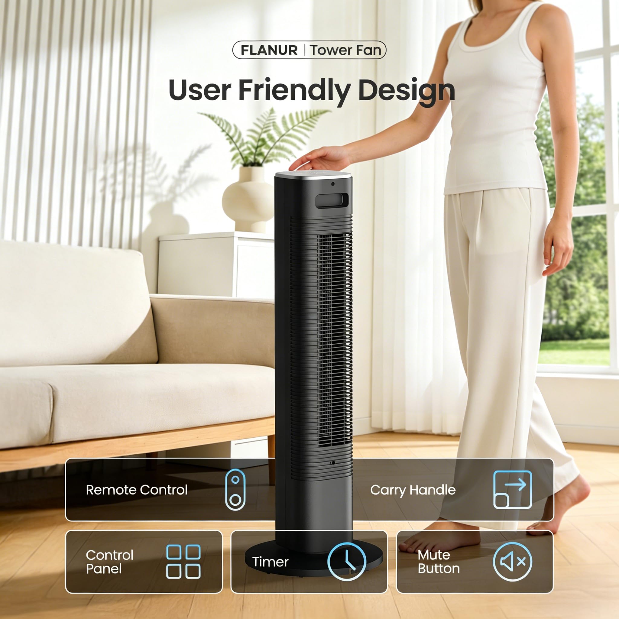 FLANUR Turmventilator Leise 25dB 91cm WiFi Alexa Tower Fan mit Fernbedienung 90° oszillierend 4 Geschwindigkeiten 12Std Timer Schwarz