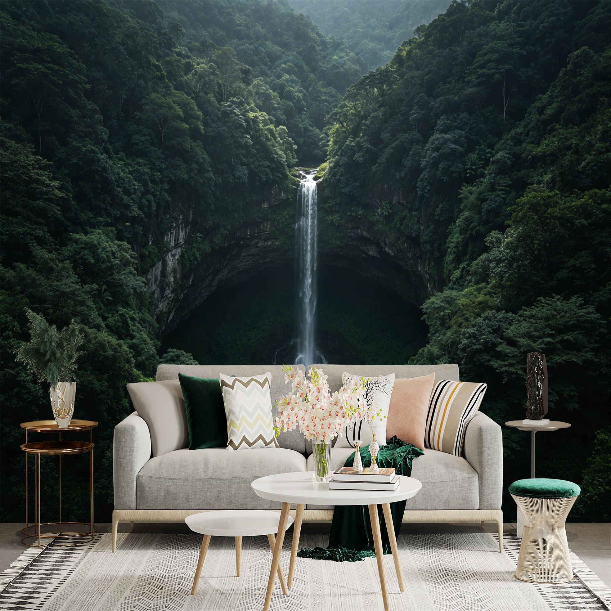 Lnzczhyre Dbh260521614 Custom Size Wall Sticker Mural， Majestic Waterfall In Deep Tropical Rainforest， Lush Green Jungle Landscape， Serene Nature Scenery， For Wall Decoration， Peelandstick Wall Decals.