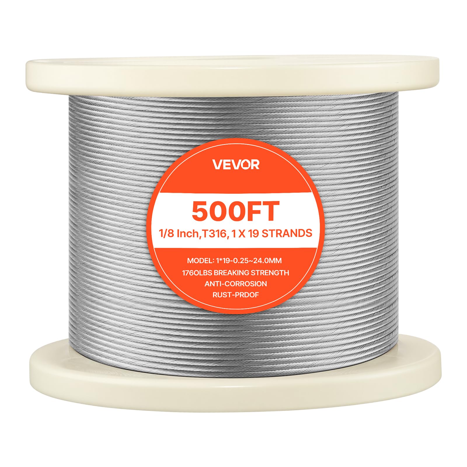 VEVOR Cavo Metallico da 3,2 mm, Lunghezza 152 m, Cavo in Acciaio Inossidabile 316 con Taglierina, Resistenza alla Rottura 798 kg, Struttura a 1 x 19 Trefoli, per Sistema di Ringhiere per Ponti