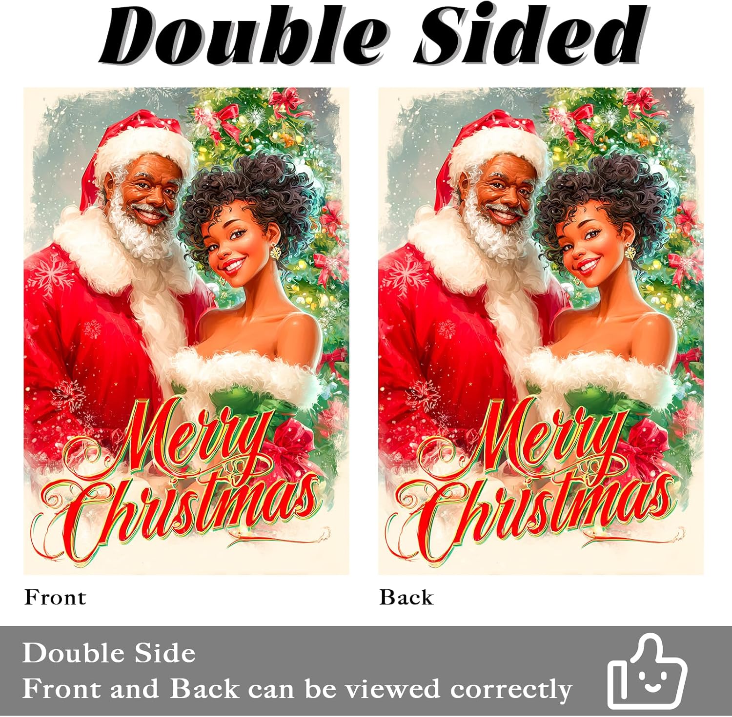 Nuxovilar winter garden flag - African American with Black Mrs.Stylish Santa Couple with Curly Hair - Holiday Yard for Patio, Farmhouse Lawn - Double Sided 12x18 Inch. - Image 4