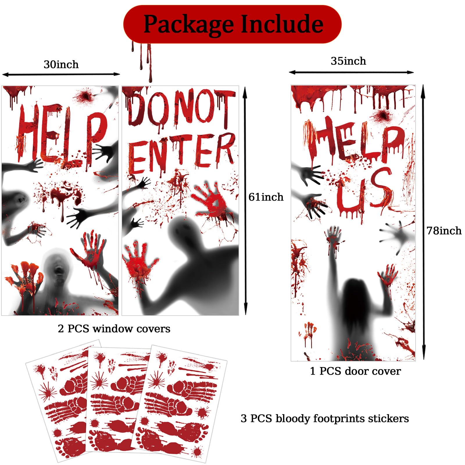 Bloody Halloween Decorations Door Cover Window Posters, Includes 1PCS Halloween Door Cover 2 PCS Halloween Window Posters and 3 Sheet Bloody Footprints Floor Clings for Halloween Decor