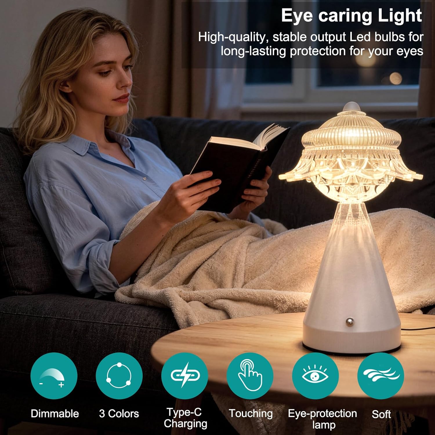 Touch Table lamp, LED Bedside lamp with Three-Color Adjustment, Battery-Powered Crystal lamp, Suitable for Bedroom, Dining Room, and Kitchen Home Decoration (Pagoda)