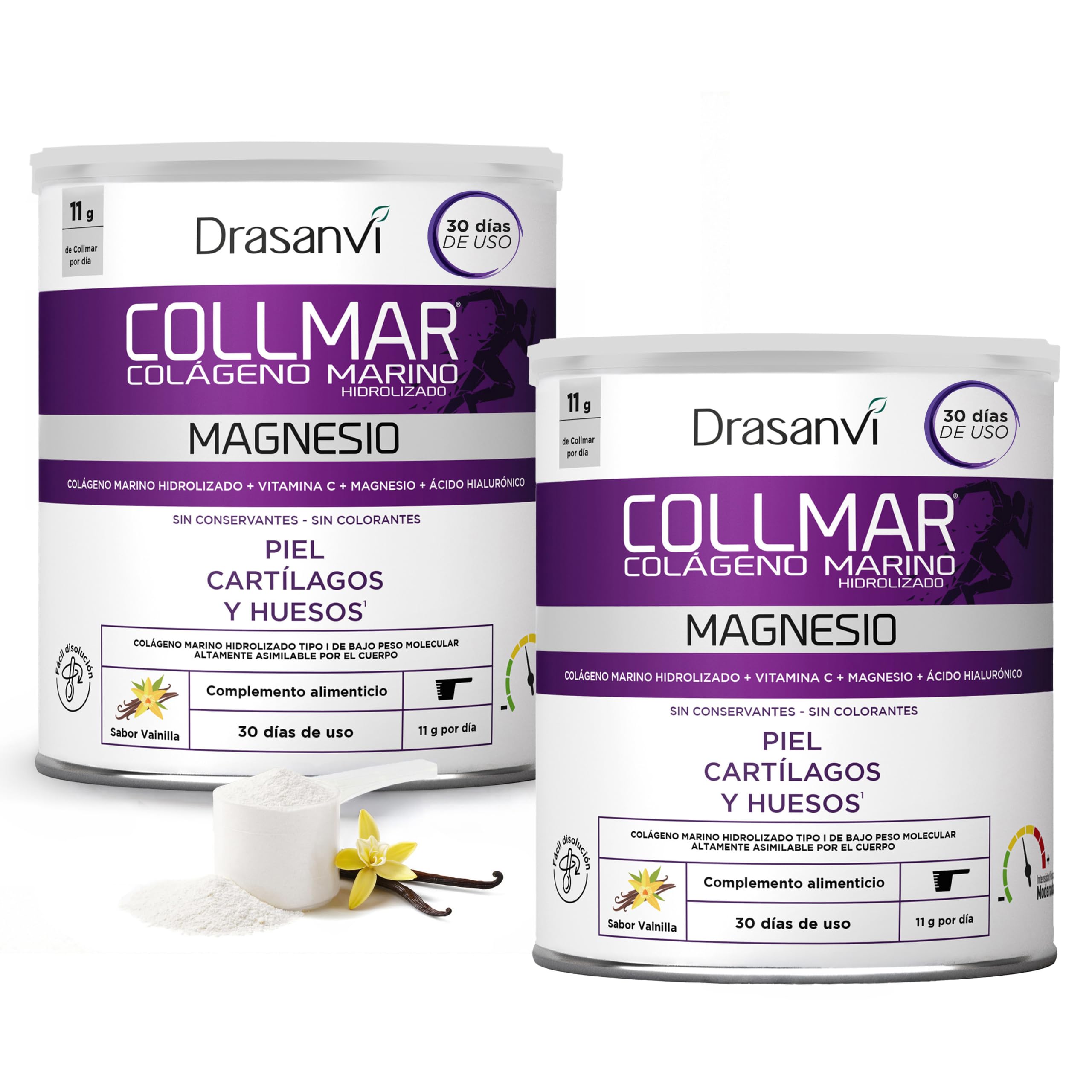 DRASANVI COLLMAR COLAGENO HIDROLIZADO con Ácido Hialurónico, Magnesio y Vitamina C Natural - Huesos, Articulaciones y Piel - Colágeno Marino 9.717 mg/día | 2 X 340 GR = 60 días | Sabor Vainilla