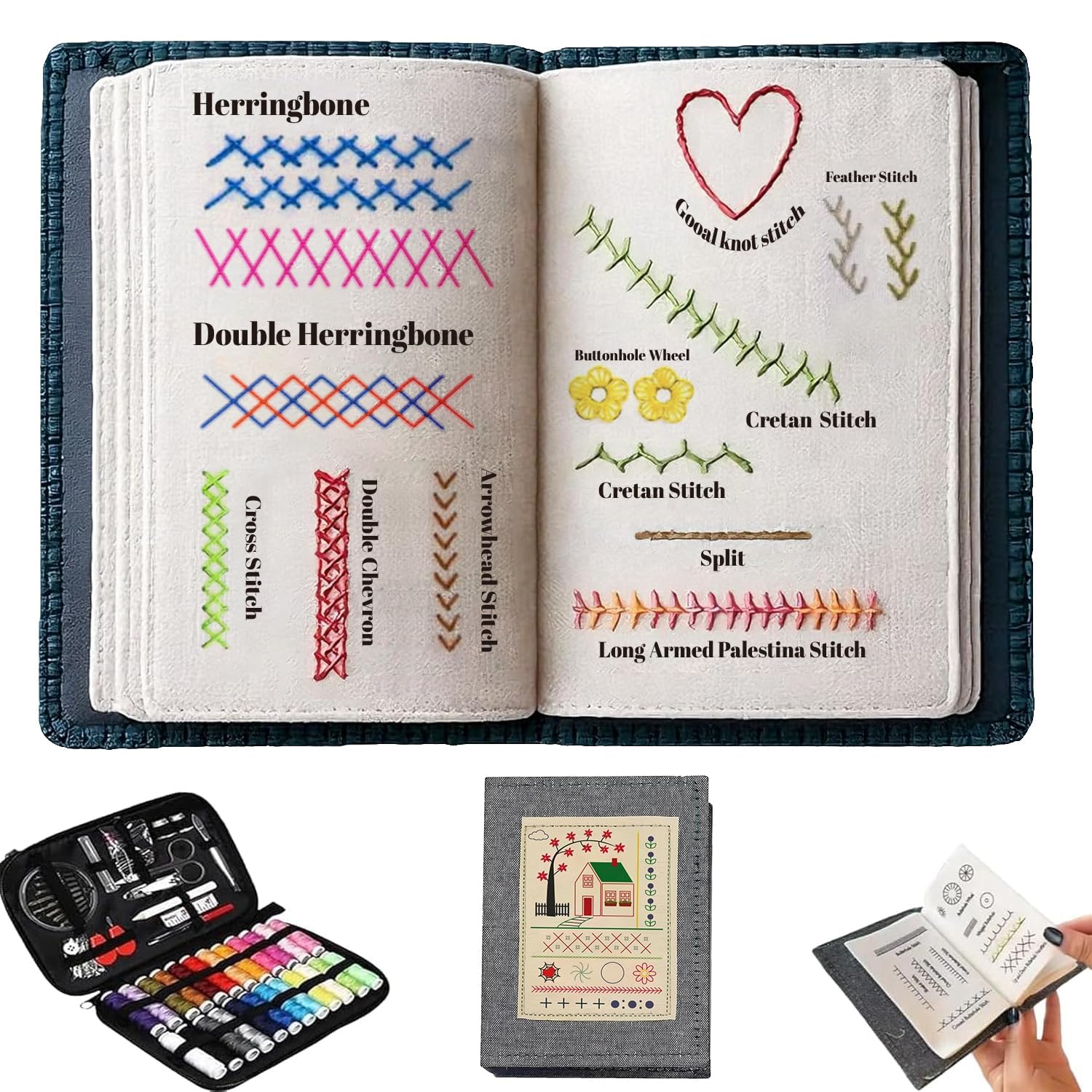 BibYuga Embroidery Stitch Book for Beginner Sewing Enthusiast, DIY Sewing Embroidery Books Kit with Needle Thread Tool, Compact Portable for Beginners & Adults (2, b Thickened)
