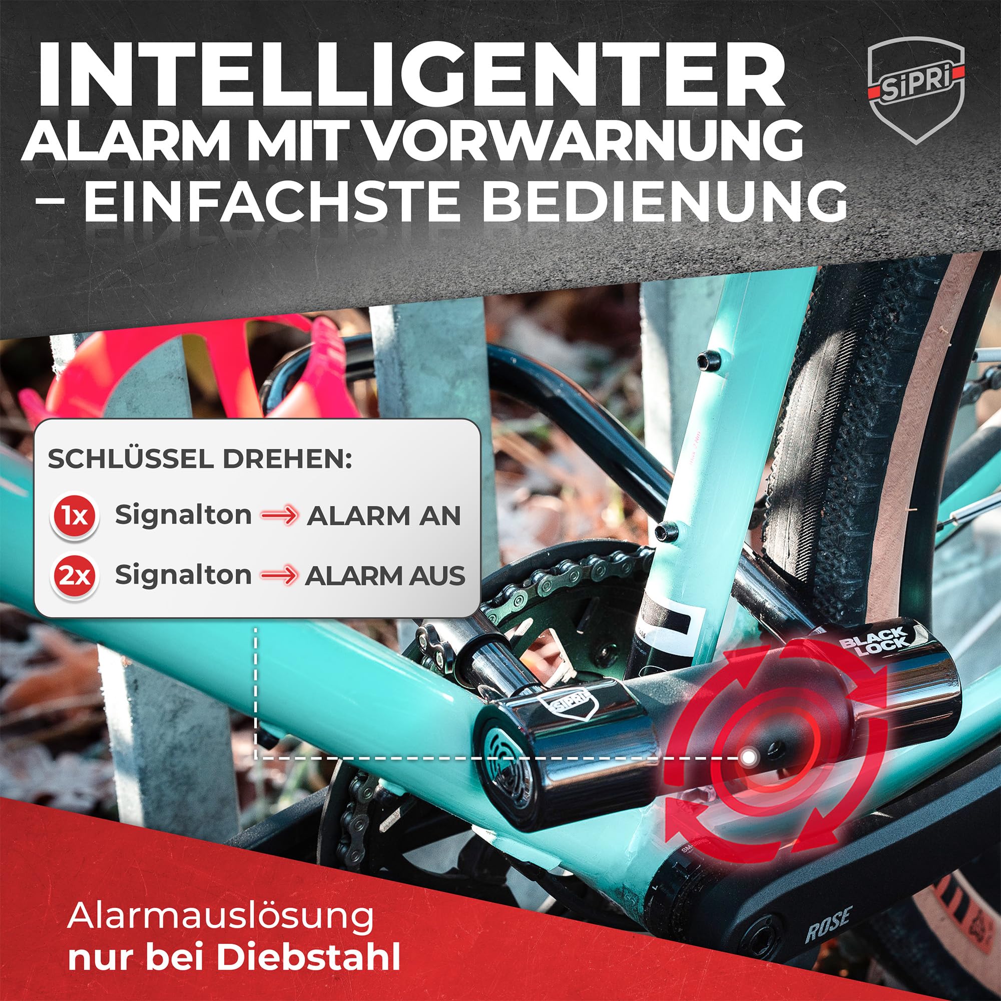 SIPRI® Fahrradschloss mit Alarm 120 dB | Gehärtetes Bügelschloss für E-Bike | E-Scooter & Motorrad | 14 mm Stahl | 230 mm | wetterfest | Diebstahlschutz | Schloss mit Schlüssel | robust & sicher