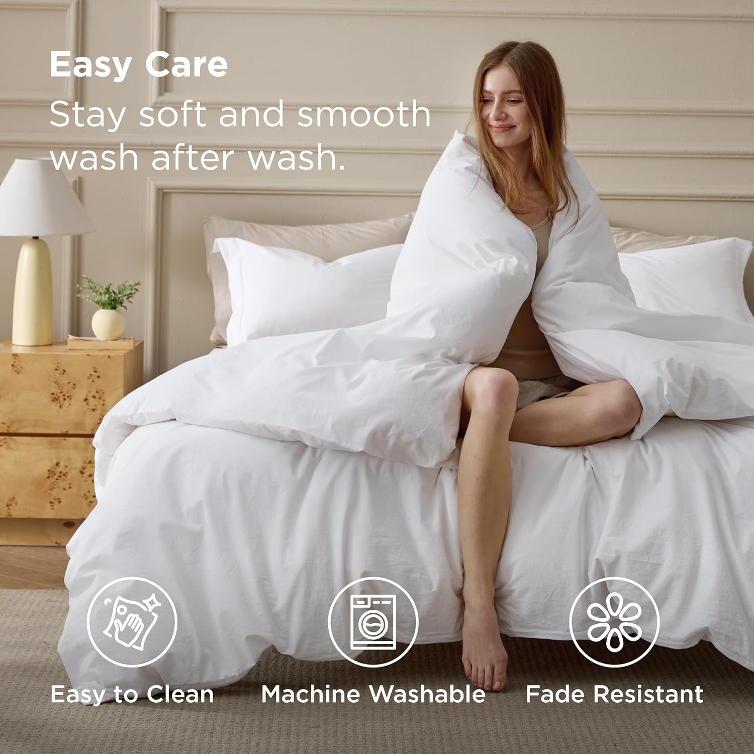 Bedsure 100% Washed Cotton Duvet Cover Queen Size - Bright White Minimalist Bedding Set Linen Like - PureWoven Plain Simple & Soft Comforter Cover for All Seasons (Bright White, Queen, 90"x90")