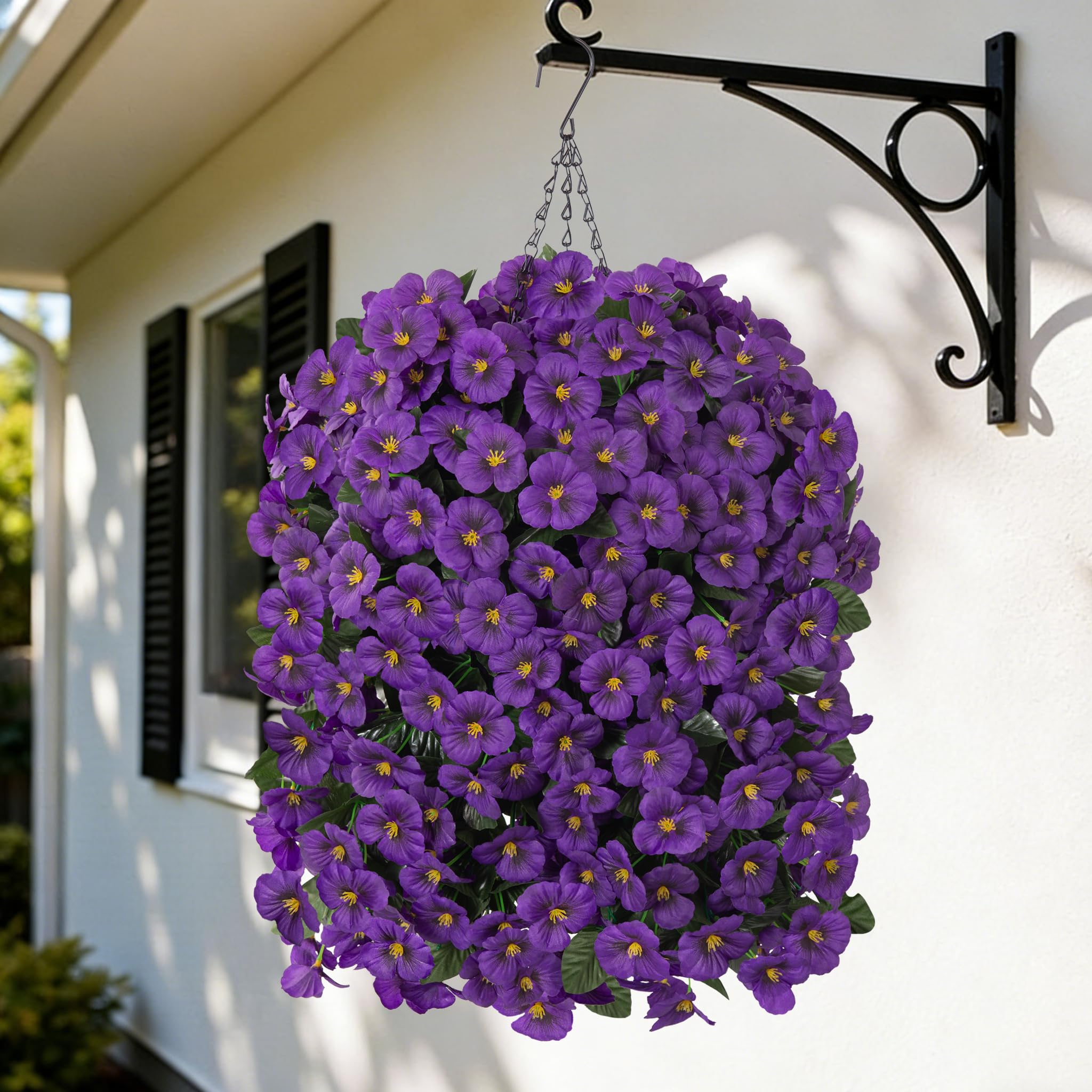HyeFlora 4pcs Artificial Flowers for Outdoors Fake Pansy with Hanging Basket