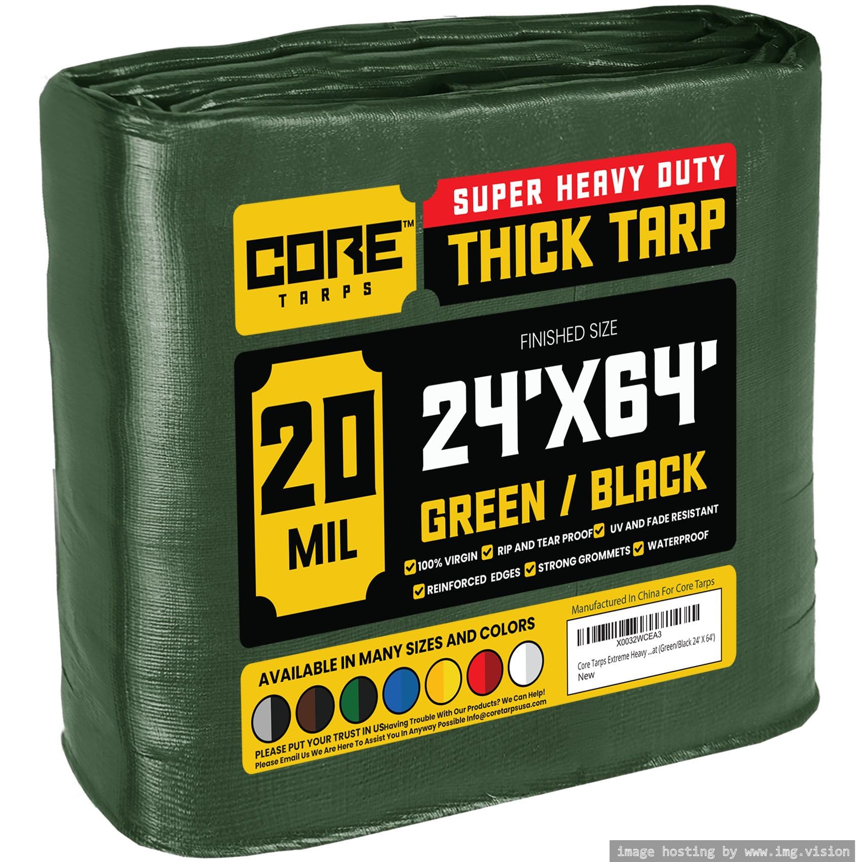 Core Tarps Extreme Heavy Duty 20 Mil Tarp Cover, Waterproof, UV Resistant, Rip and Tear Proof, Poly Tarpaulin with Reinforced Edges for Roof, Patio, Pool, Boat (Green/Black 24′ X 64′)