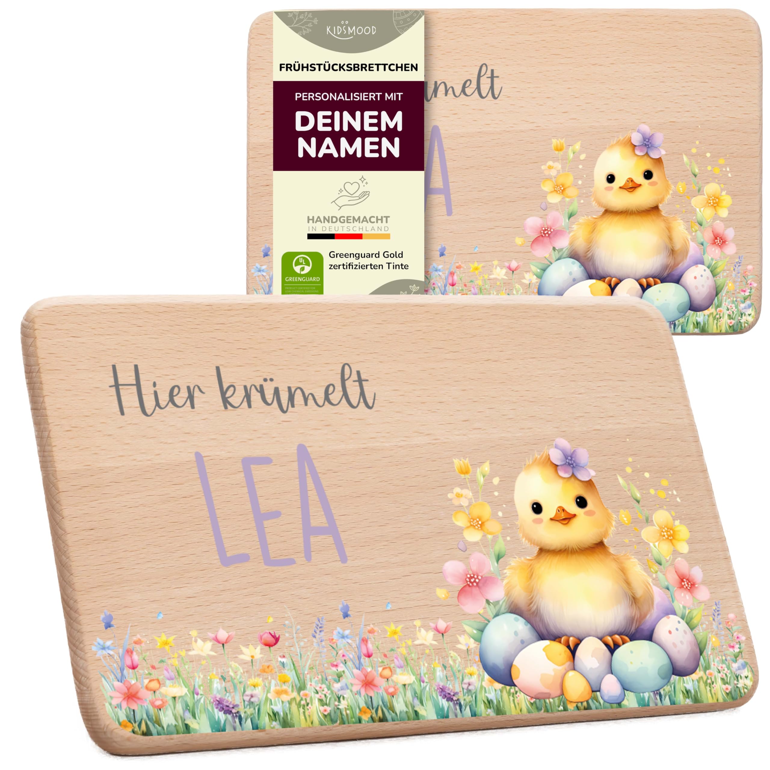 Kidsmood Oster-Frühstücksbrettchen mit Namen – Schneidebrett Holz & Handgraviert für Osterfrühstück mit Zauberhaftem Blütenküken im Eiernest – Personalisiertes Ostergeschenk für Kinder & Familie