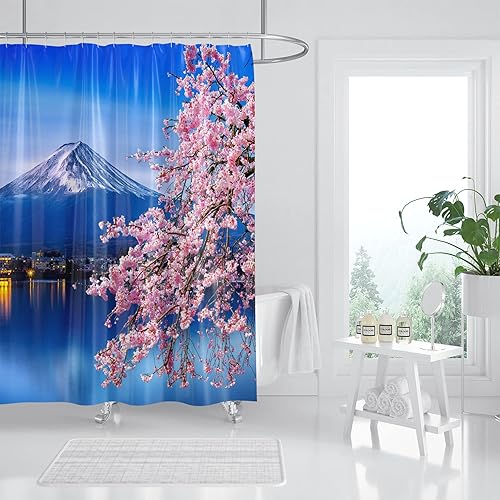 Miniatura 8 de Cortina de ducha con diseño de flor de cerezo rosa, juego de cortina de ducha japonesa Sakura floral, cortinas de ducha de flores de cerezo con