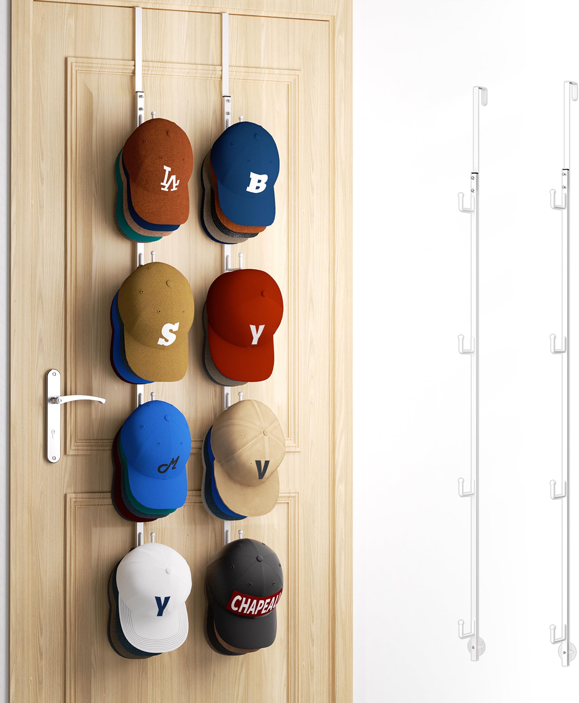 Over Door Hat Rack - 2 Packs Hat Organizer with 8 Hooks Design, Hanging Baseball Cap Organizer Storage Holds Up to 40 Caps for Door, Bedroom, Closet (White)