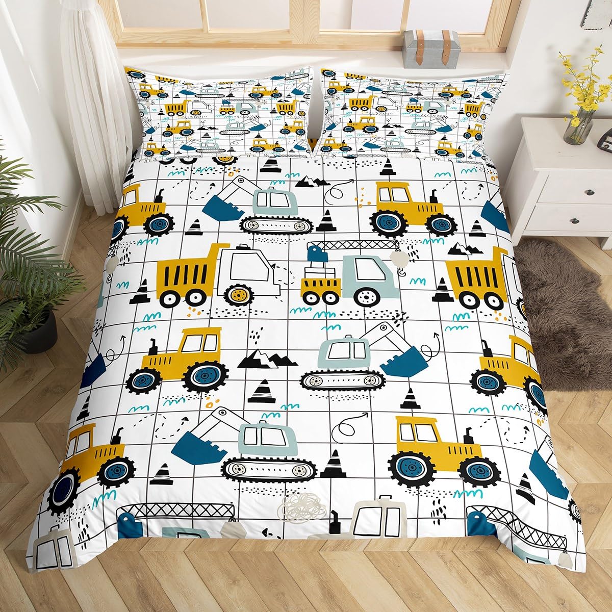richhome Construction Bedding Set Double Size Kids Excavator Tractor Toddler Comforter Cover Set Cartoon Car Equipment Trucks Plaid Grid Duvet Cover Construction Vehicles White Yellow โ image 1