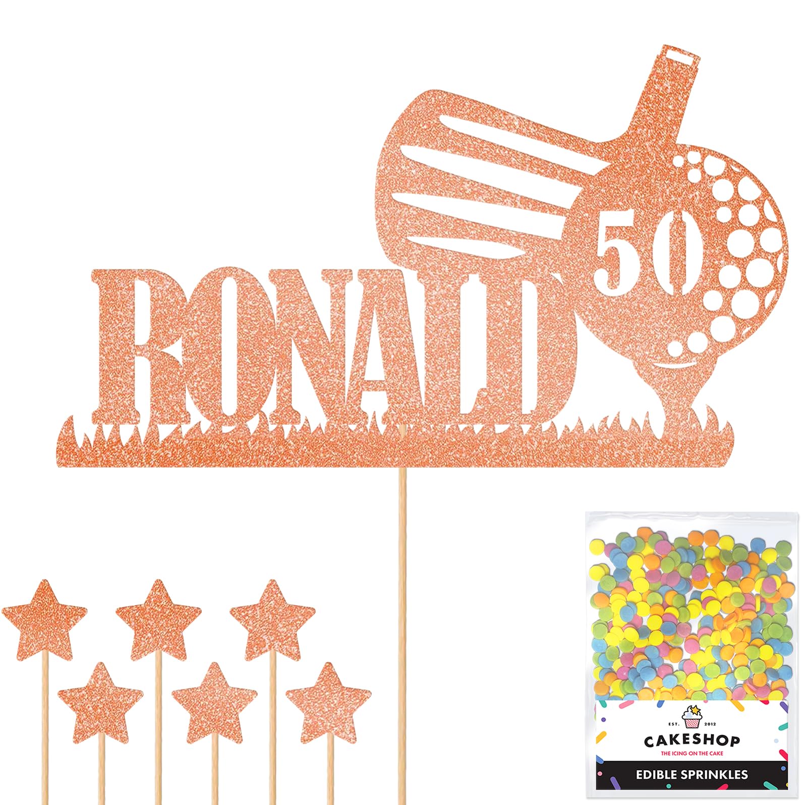 Personalised Golf Golfer Glitter Cake Topper - Rose Gold Custom Age & Name Glitter Cake Decoration and Sprinkles - Happy Birthday Decorations - Personalised Toppers for Cakes by Cakeshop — image 1