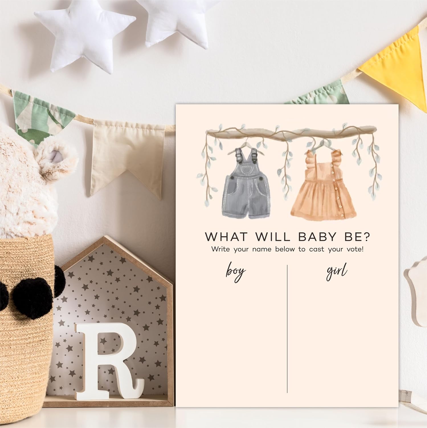DYIRBIIY 11"X 15" Gender Reveal Signature Voting Sign, Greenery & Baby Clothes, Guess He Or She Game For Baby Shower Party, Self-Standing Sign & Decoration-A01
