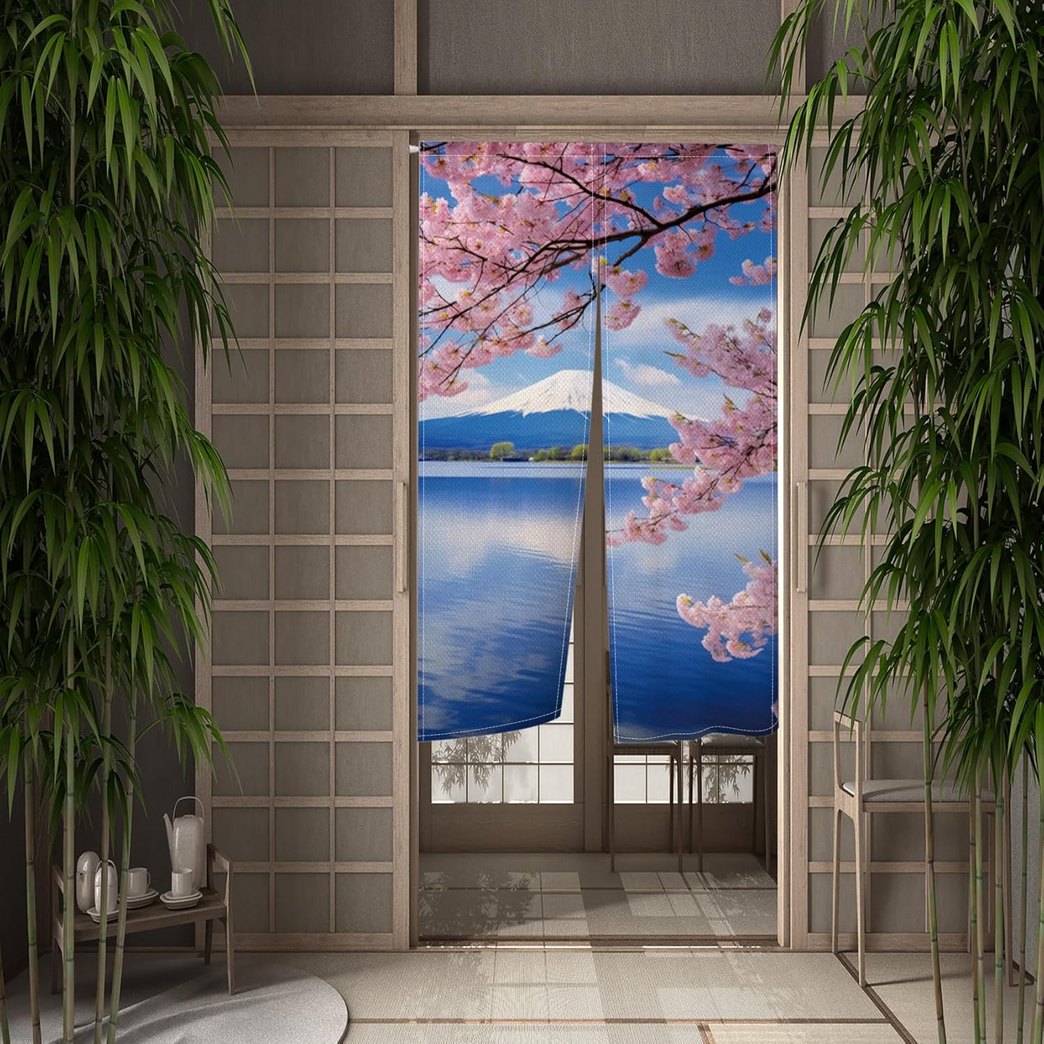 Japanese Mount Fuji Noren Doorway Curtain Door Tapestry for Kitchen Bathroom Cherry Blossoms Home Decoration Japan Pink Flower Lake Shops Decors Curtain 33.5 x 47.3 in