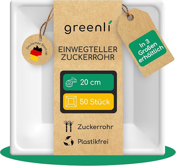 greenli® Einwegteller aus Zuckerrohr – 20 x 20 cm, 50 Stück – Plastikfrei – In 3 Größen erhältlich (16 x 16, 20 x 20, 26 x 26 cm) – Die stabile Alternative zu Papptellern - 1