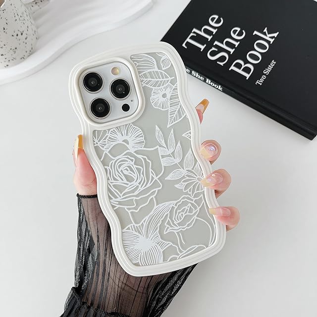 XIZYO Clear Rose Case for iPhone 13 Pro Max 6.7 inch, Cute Flower Floral Pattern Curly Wave Frame Aesthetic Phone Case, Transparent Soft TPU Luxury Slim Shockproof Protective Cover, White